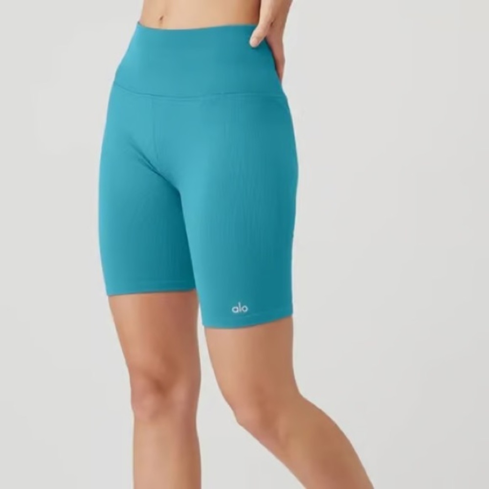 ALO Yoga Teal High-Waist Ribbed Bike Shorts